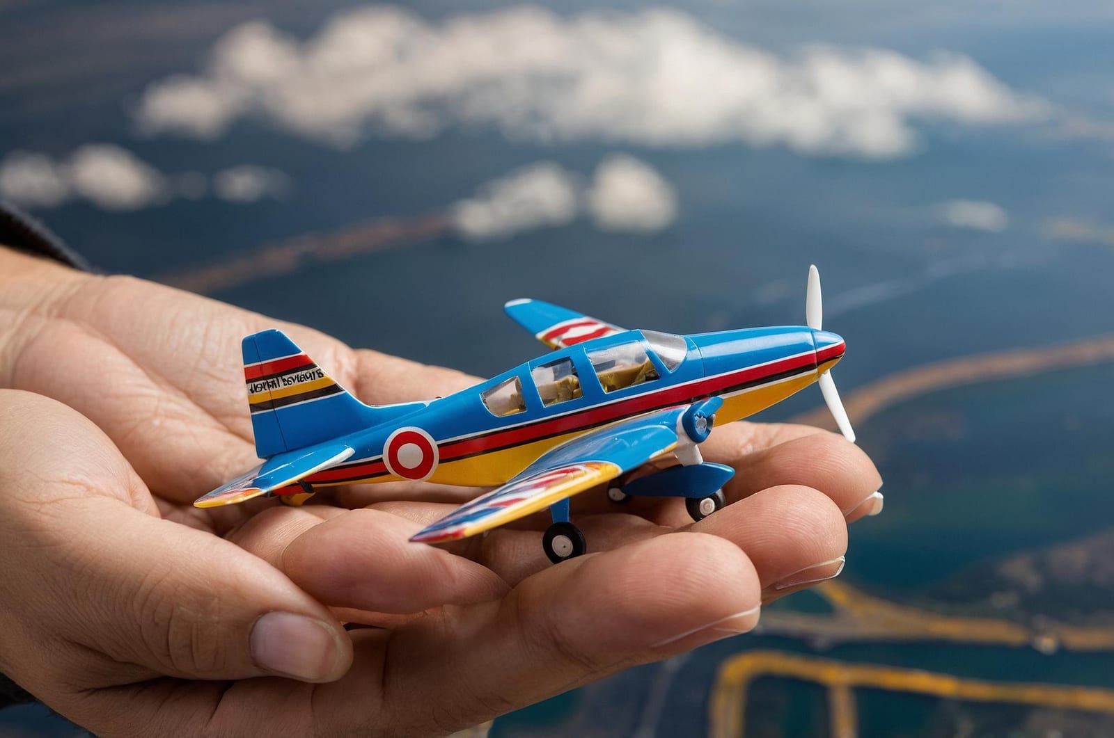 Mão segurando um pequeno aeromodelo elétrico azul e amarelo sobre uma paisagem aérea