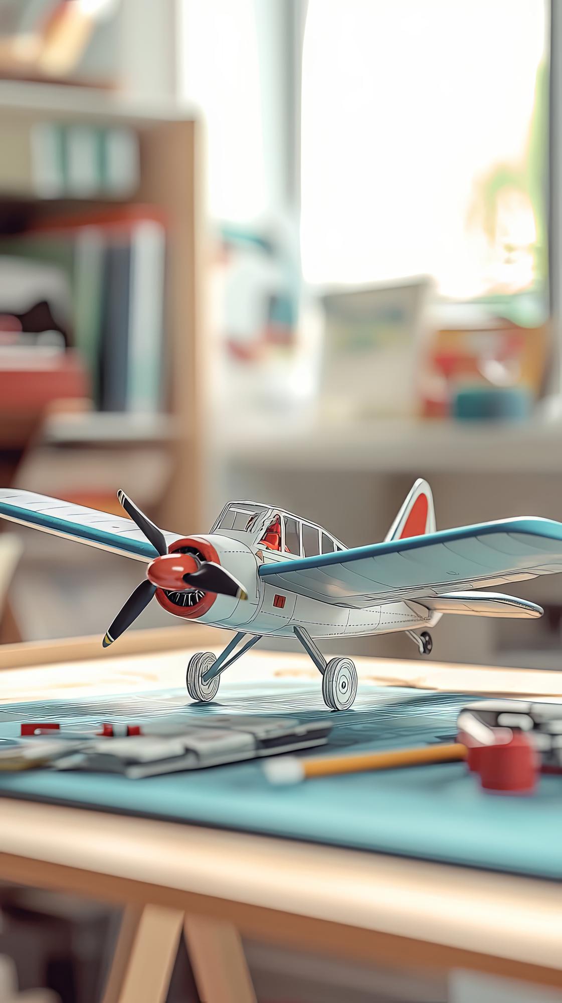 Aeromodelo de hélice em cima de plantas de montagem numa bancada de hobby iluminada