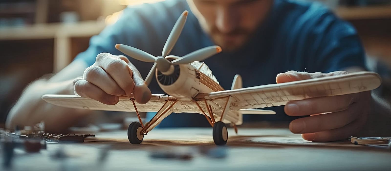 Hobbysta montando um aeromodelo de balsa em sua mesa